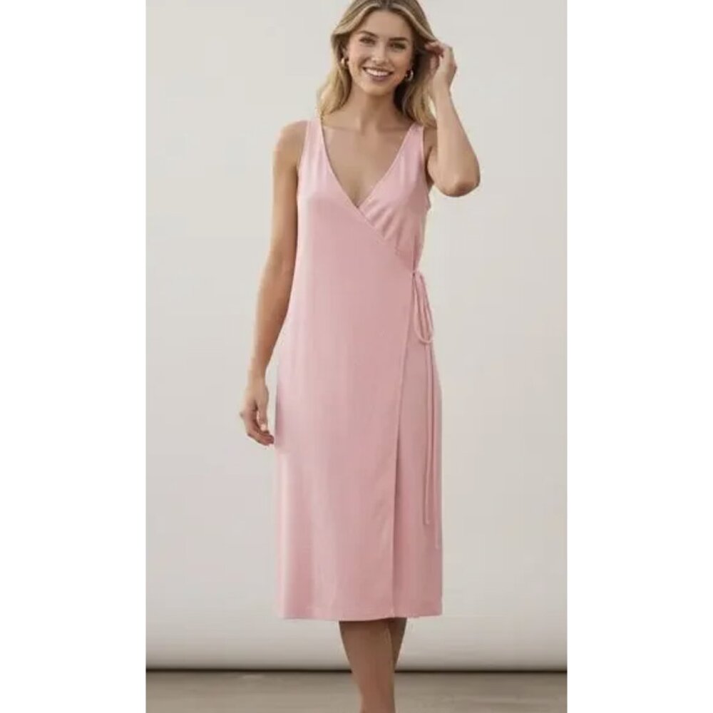 AYR Yowza Pima Cotton Wrap Dress in Pink Melon Preppy Travel Minimalist Size XS